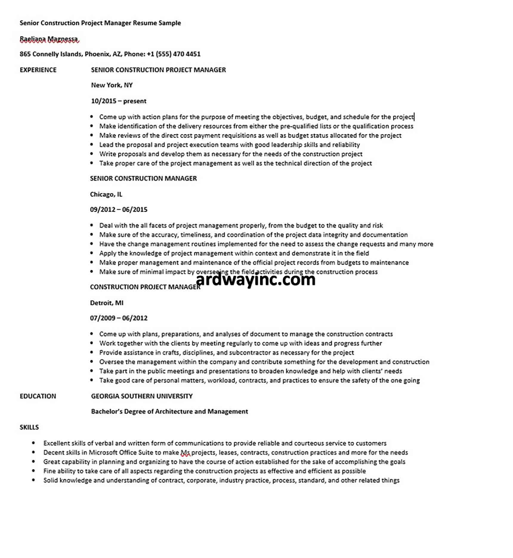 senior construction project manager resume sample