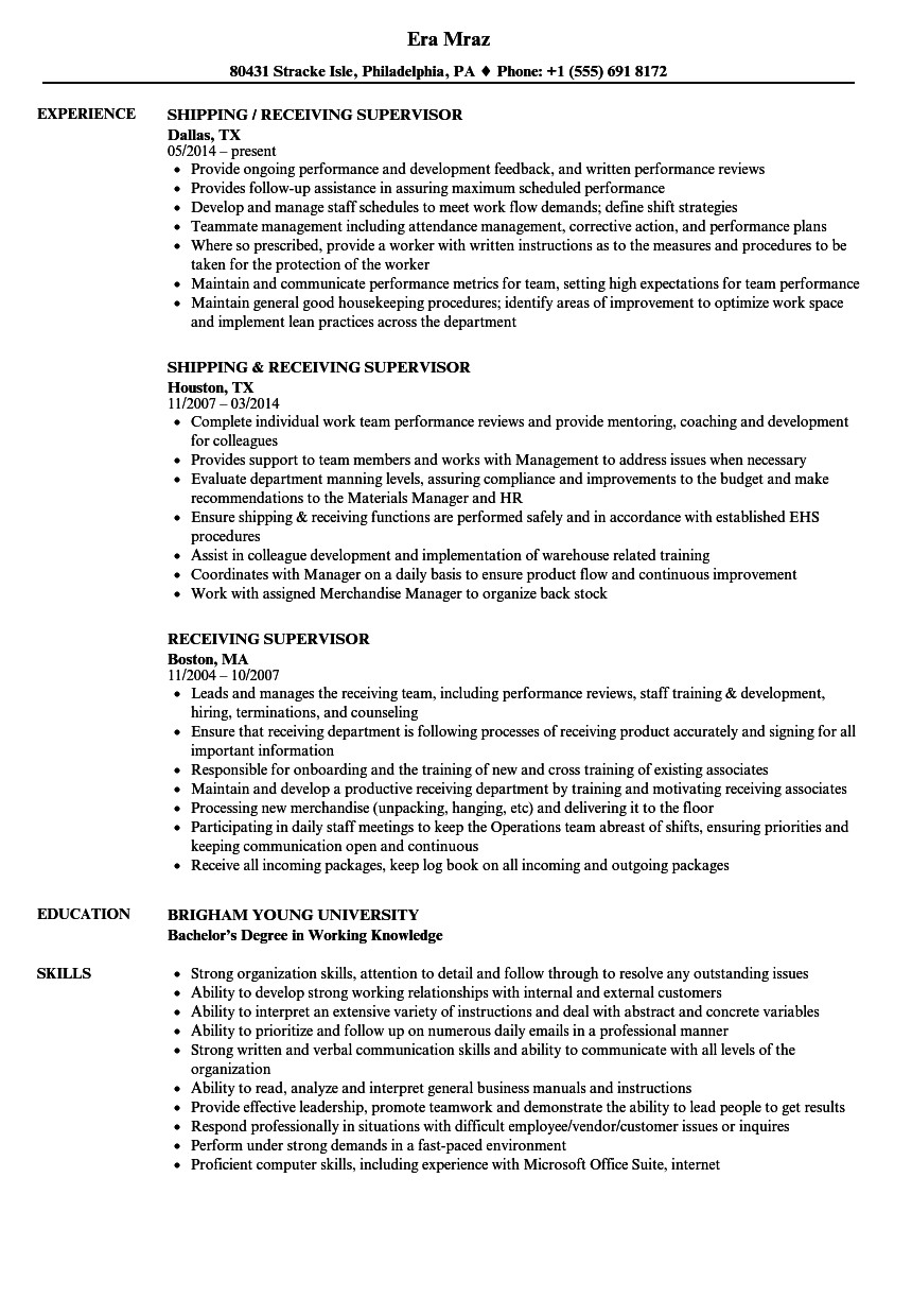 receiving supervisor resume sample