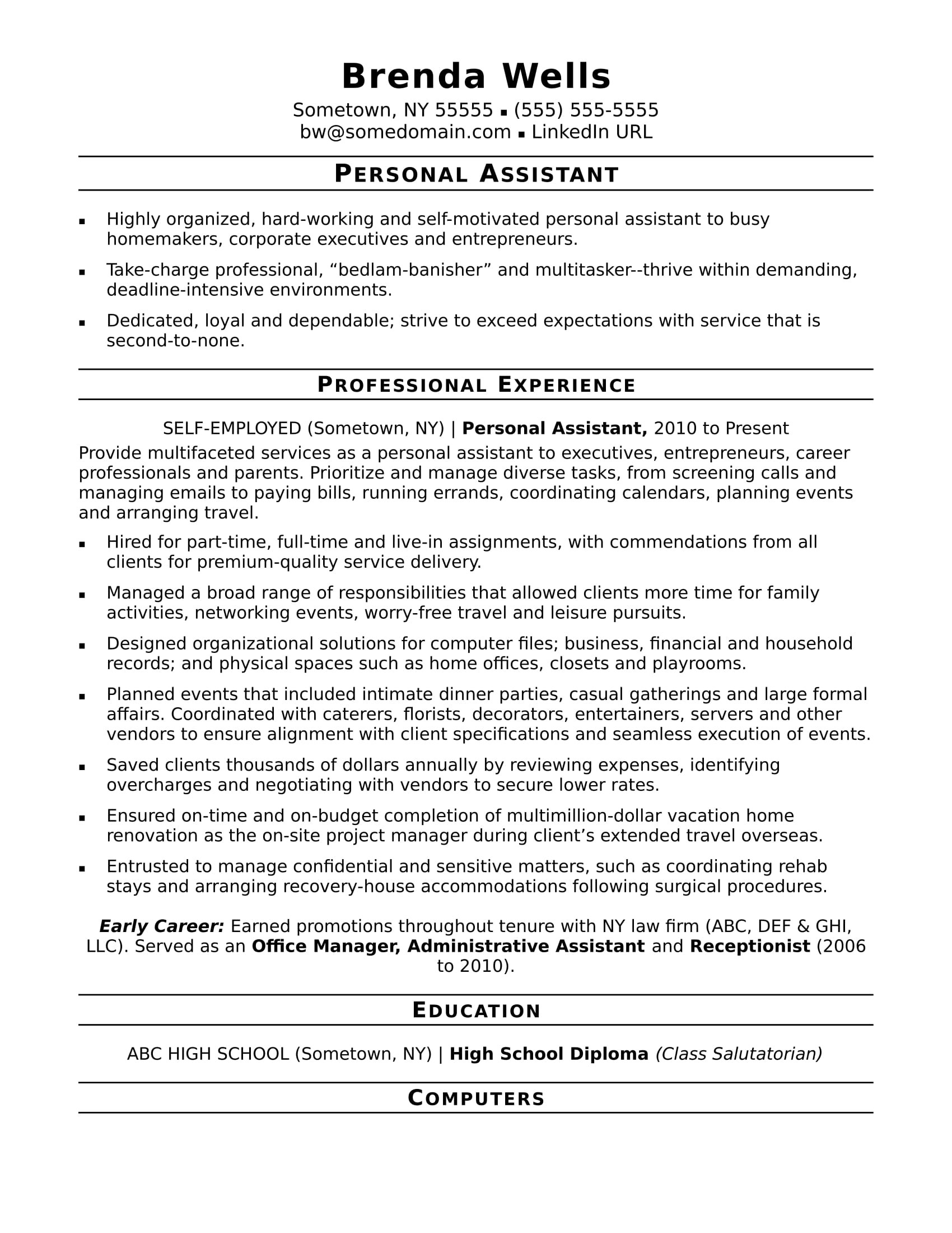 personal assistant resume sample