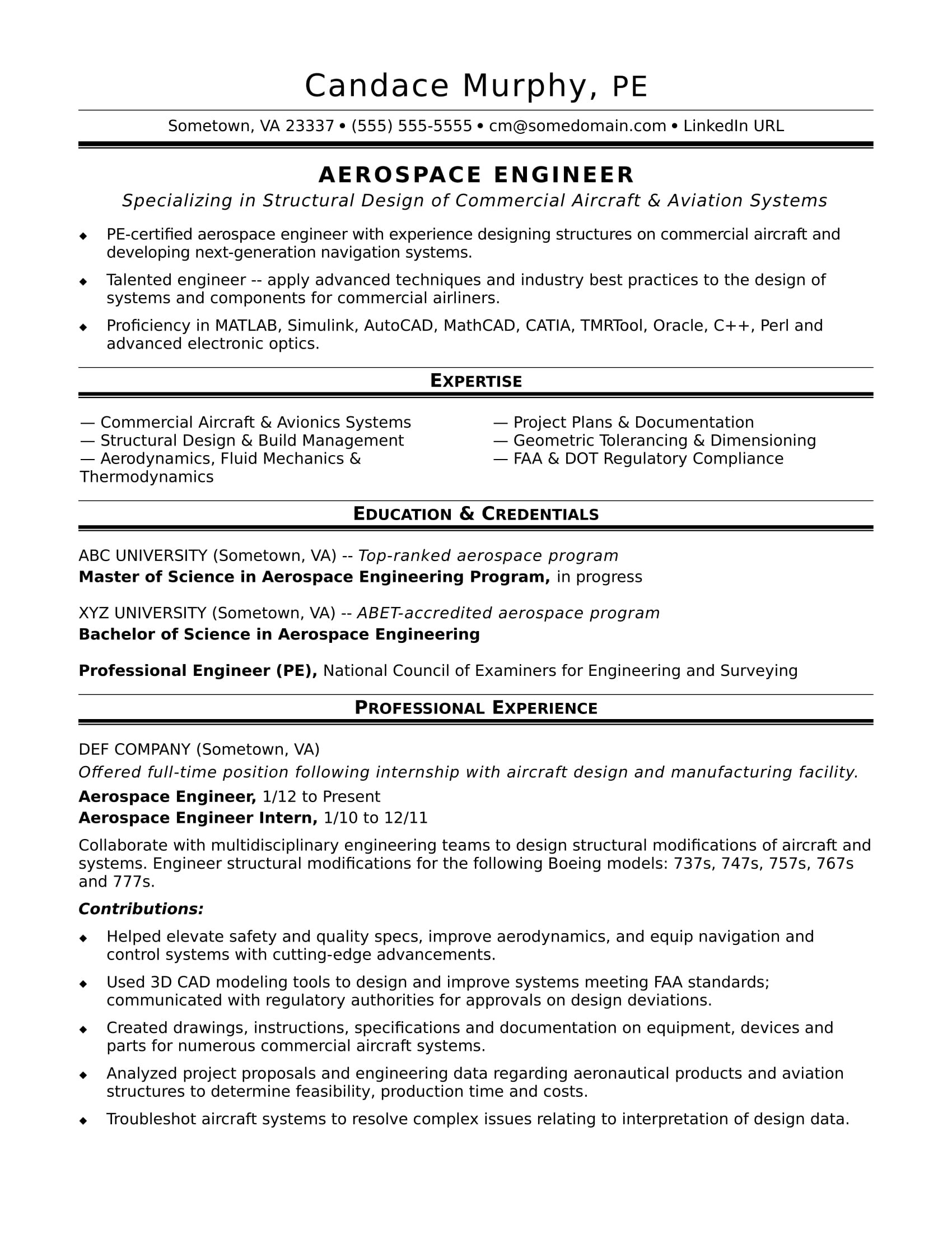sample resume aerospace engineer midlevel