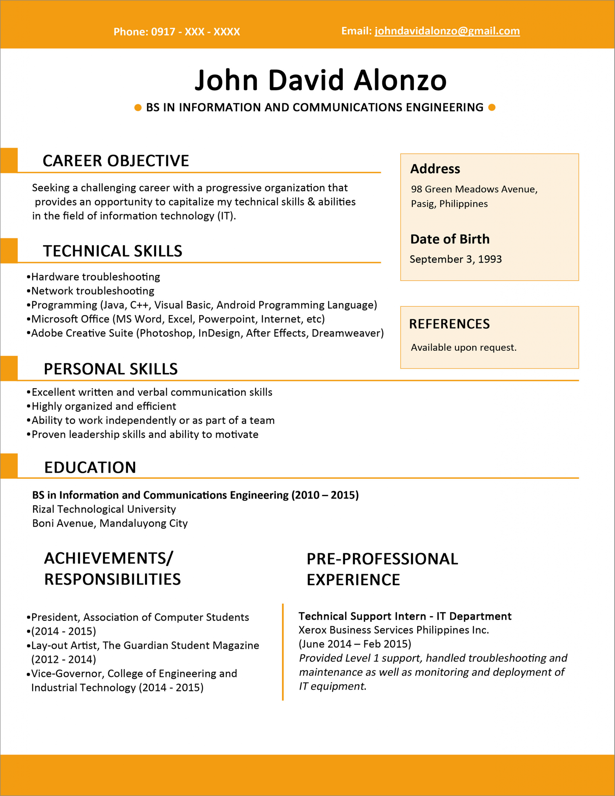 sample resume format fresh graduates single page