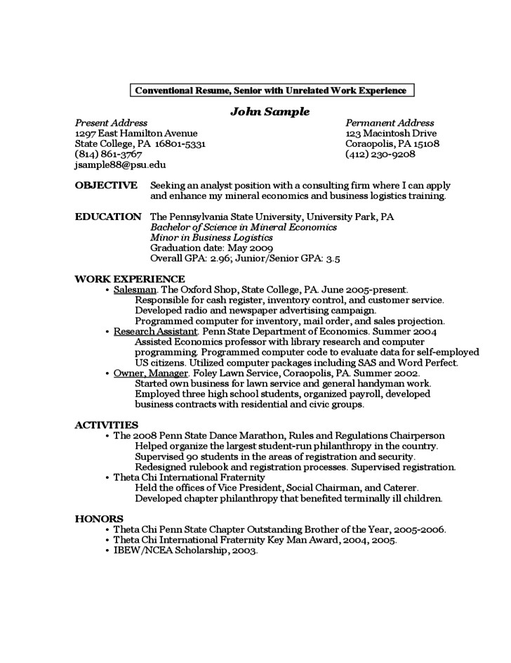 free sample resume by a first year student