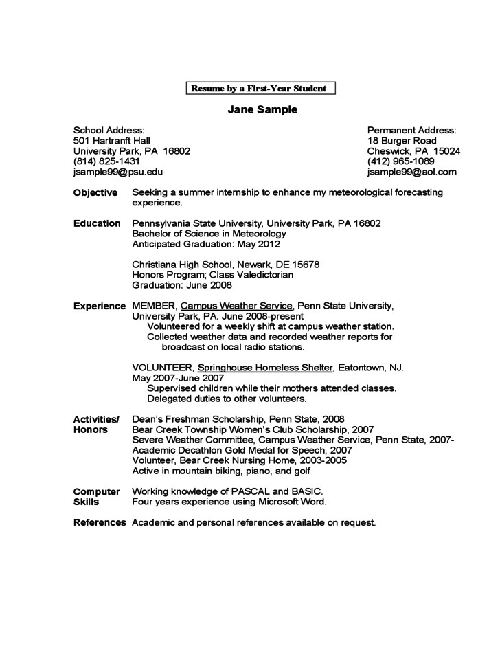 free sample resume by a first year student