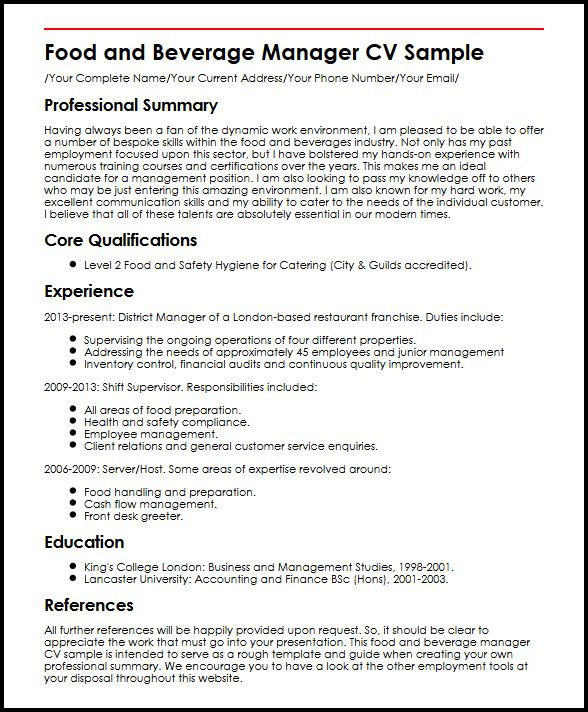 food and beverage manager cv sample