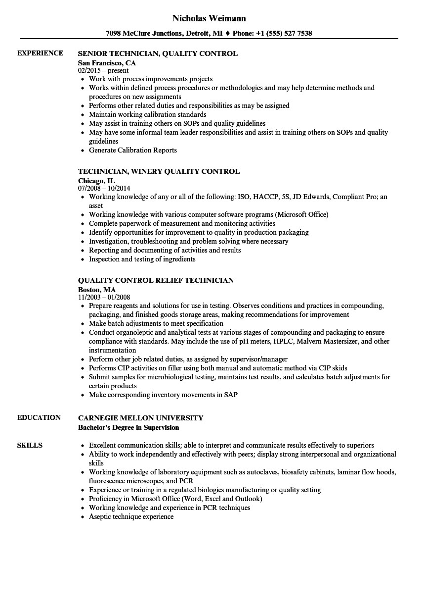 food quality control inspector resume