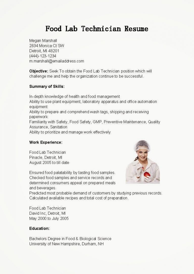 Food Quality Control Technician Resume Sample Resume Samples Food Lab