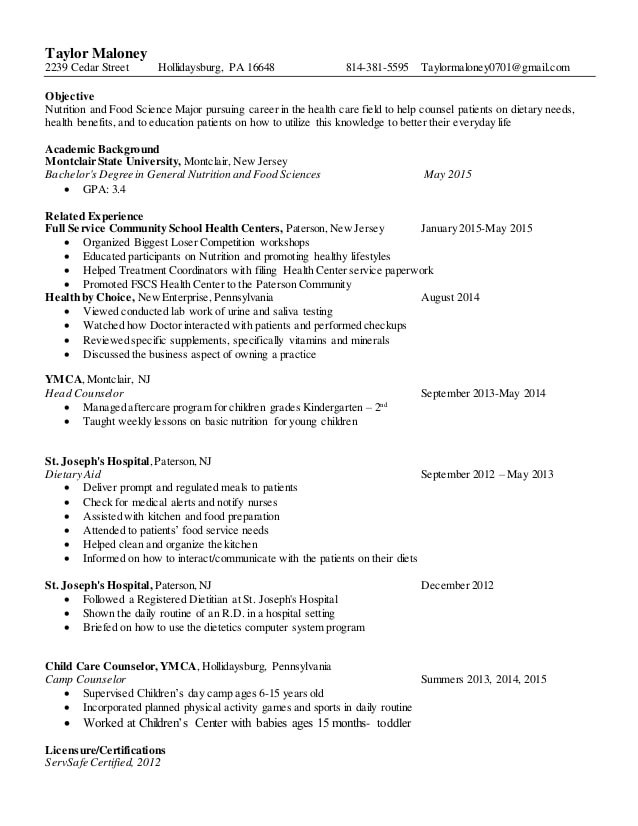 newest nutrition and general food sciences resume