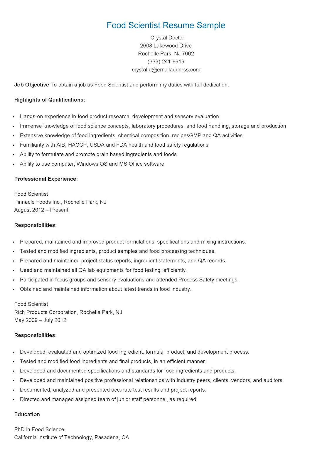 food scientist resume sample