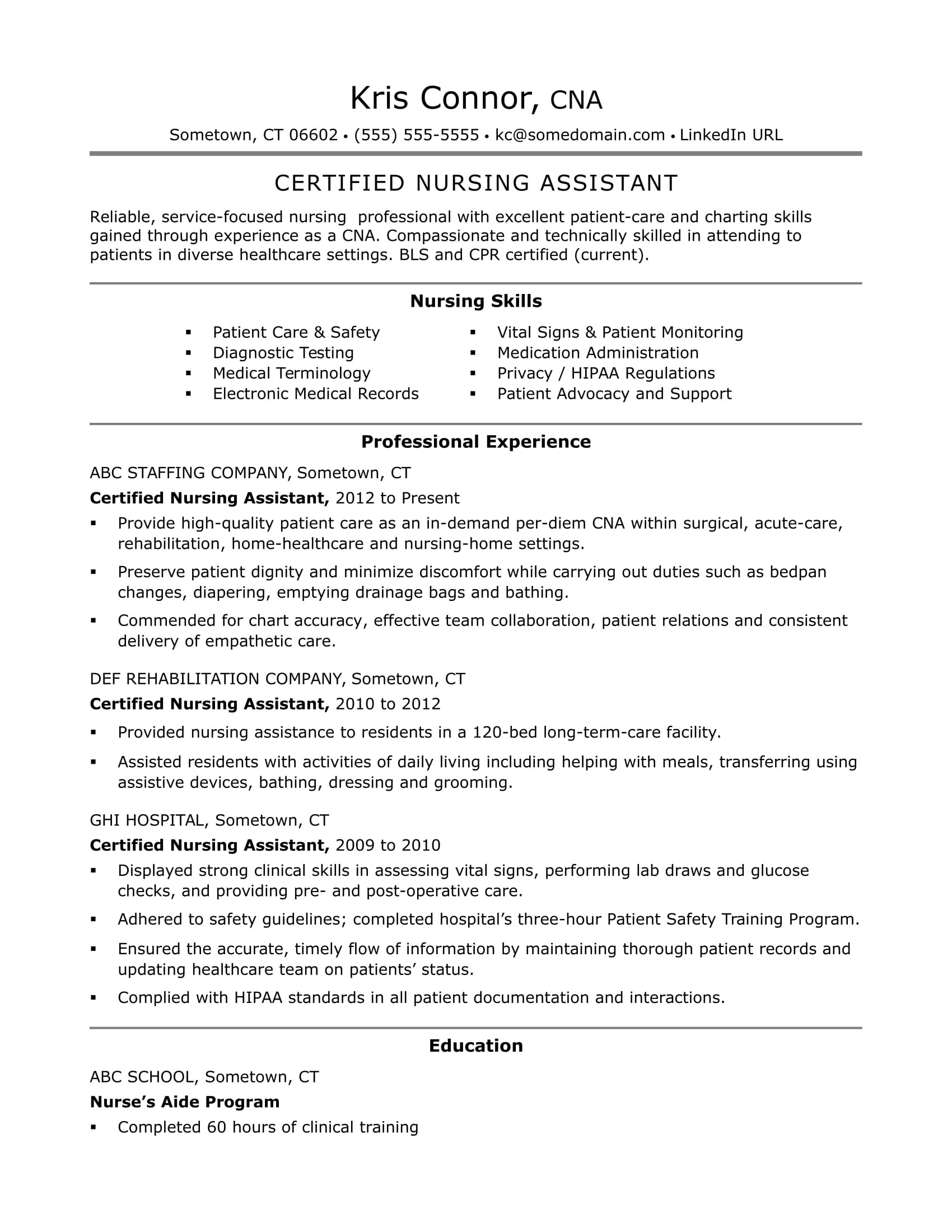 sample resume certified nursing assistant