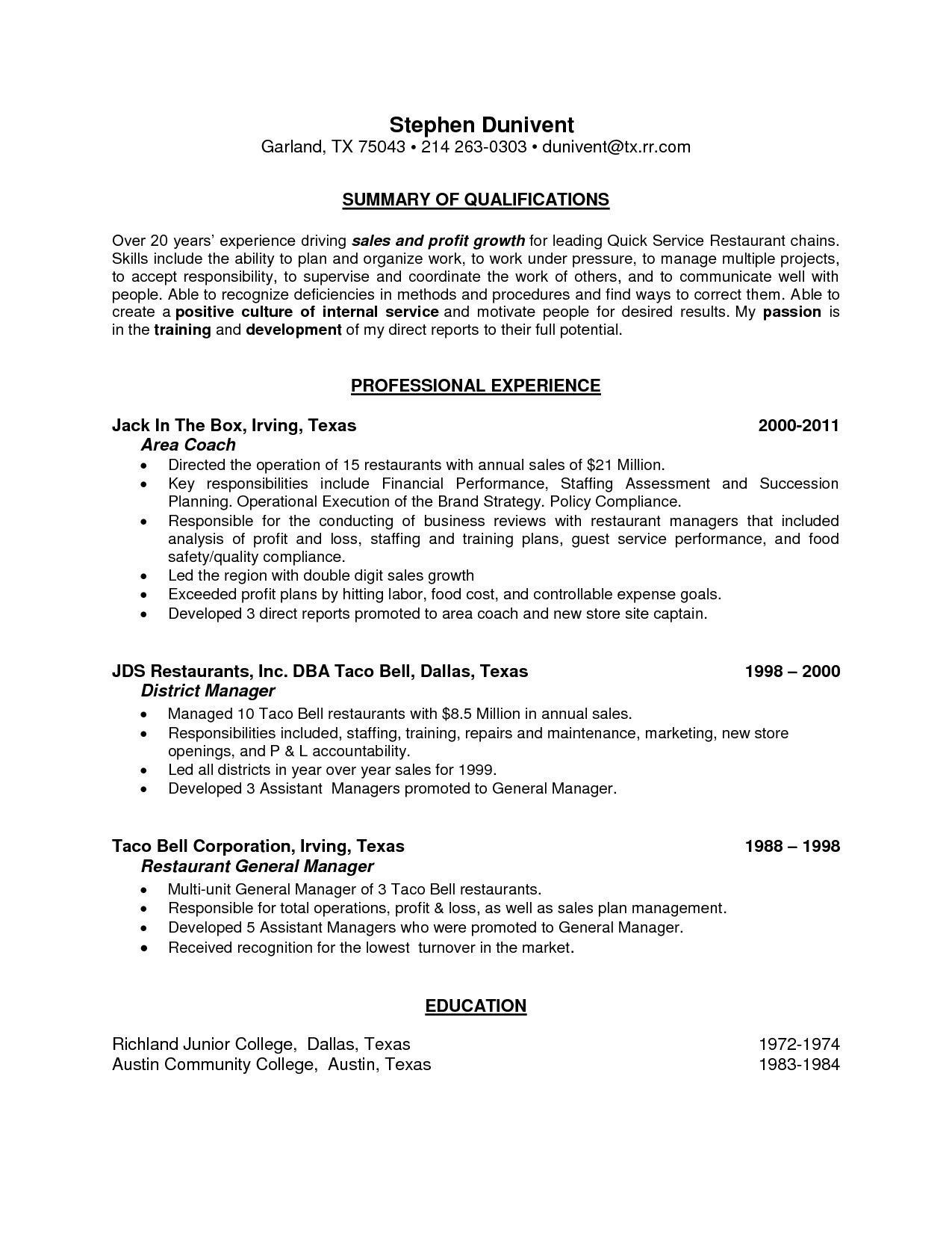 general manager resume summary