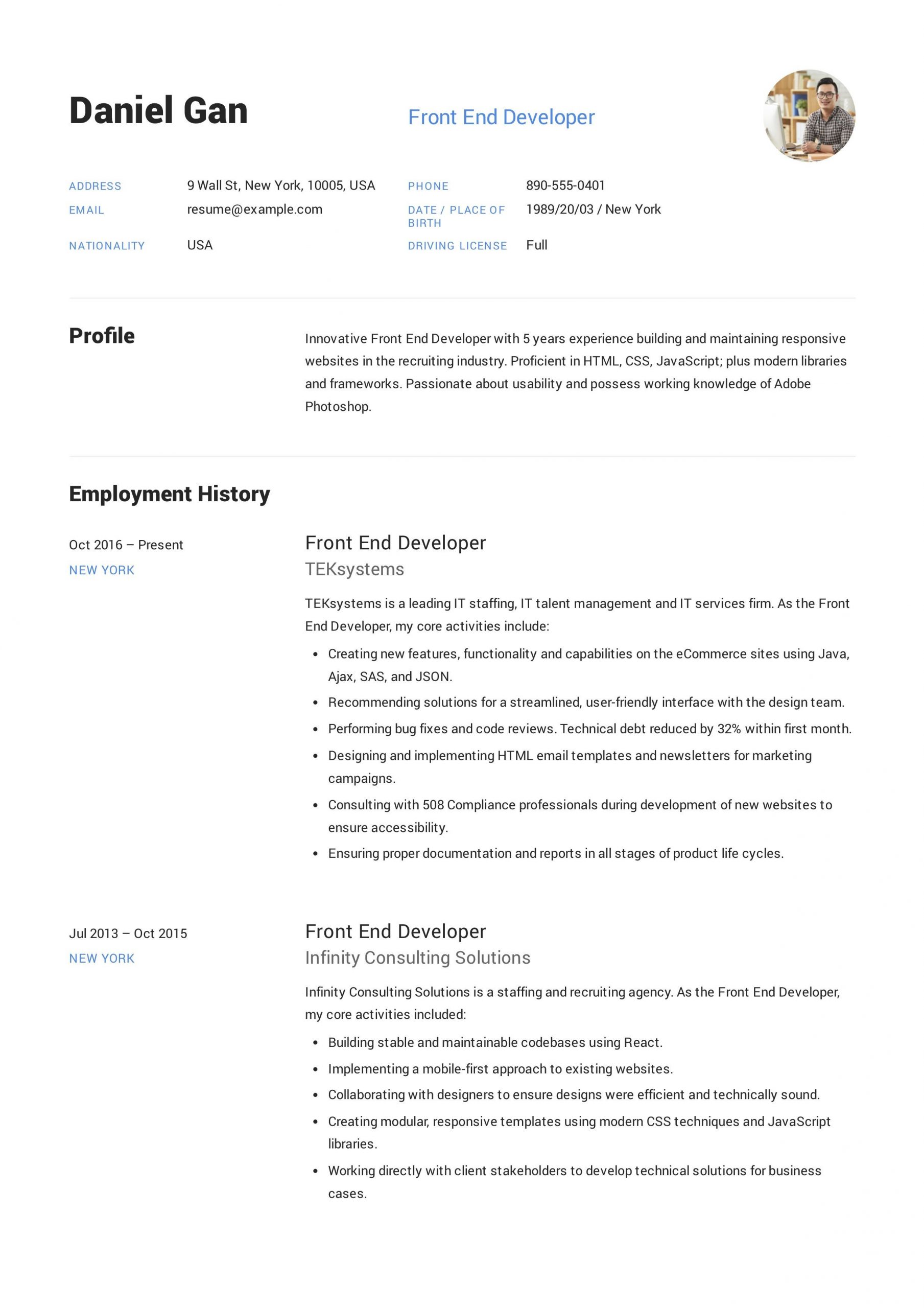 aspnet web developer cv sampleml