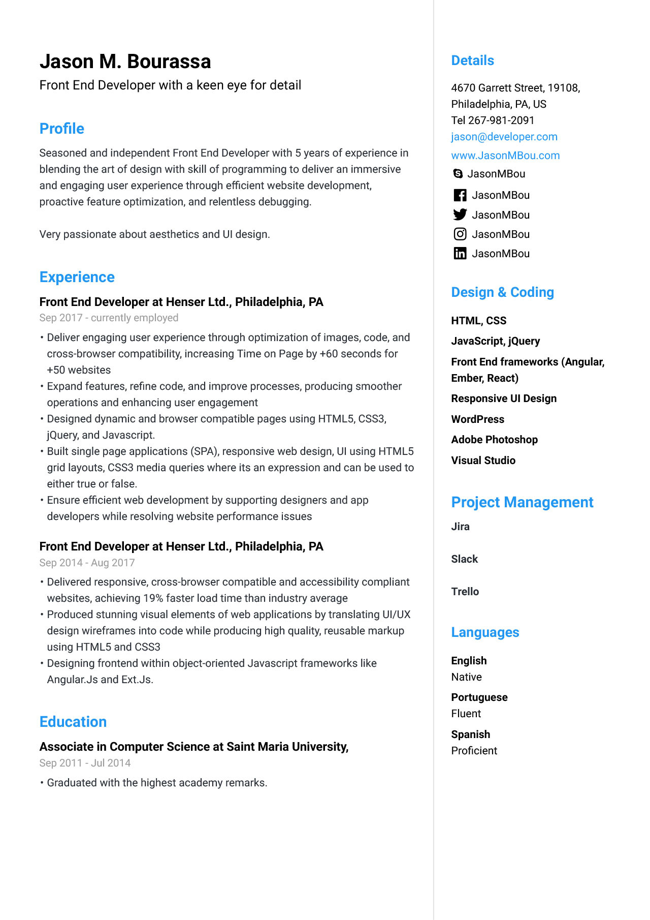 front end developer resume example