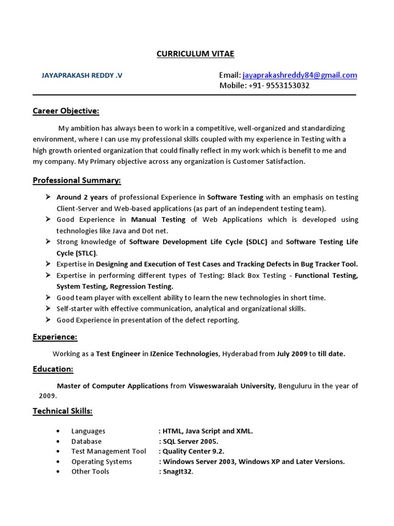 Manual Testing Resume Samples 2 Years Experience Jayaprakash Resume 2years Exp Manual Testing Pdf software …
