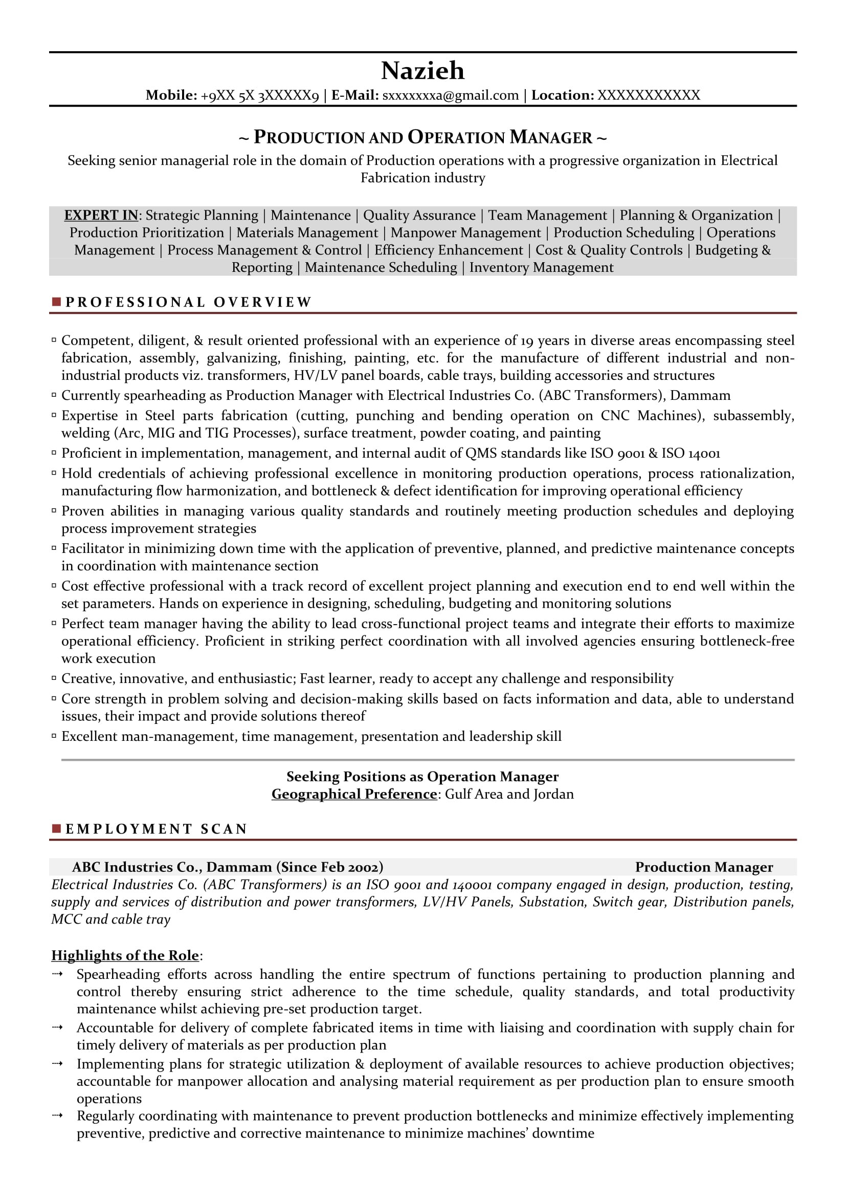 senior manufacturing supervisor resume