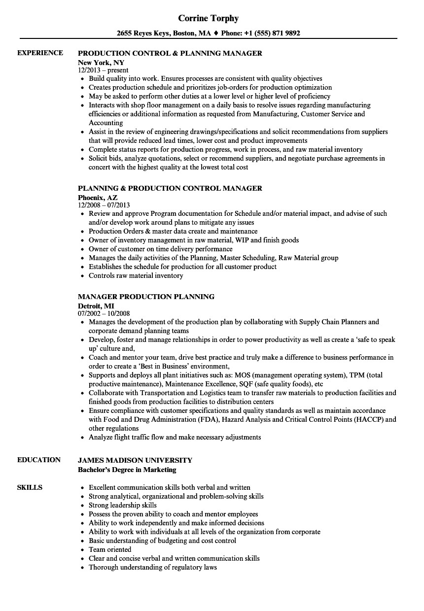 manager production planning resume sample