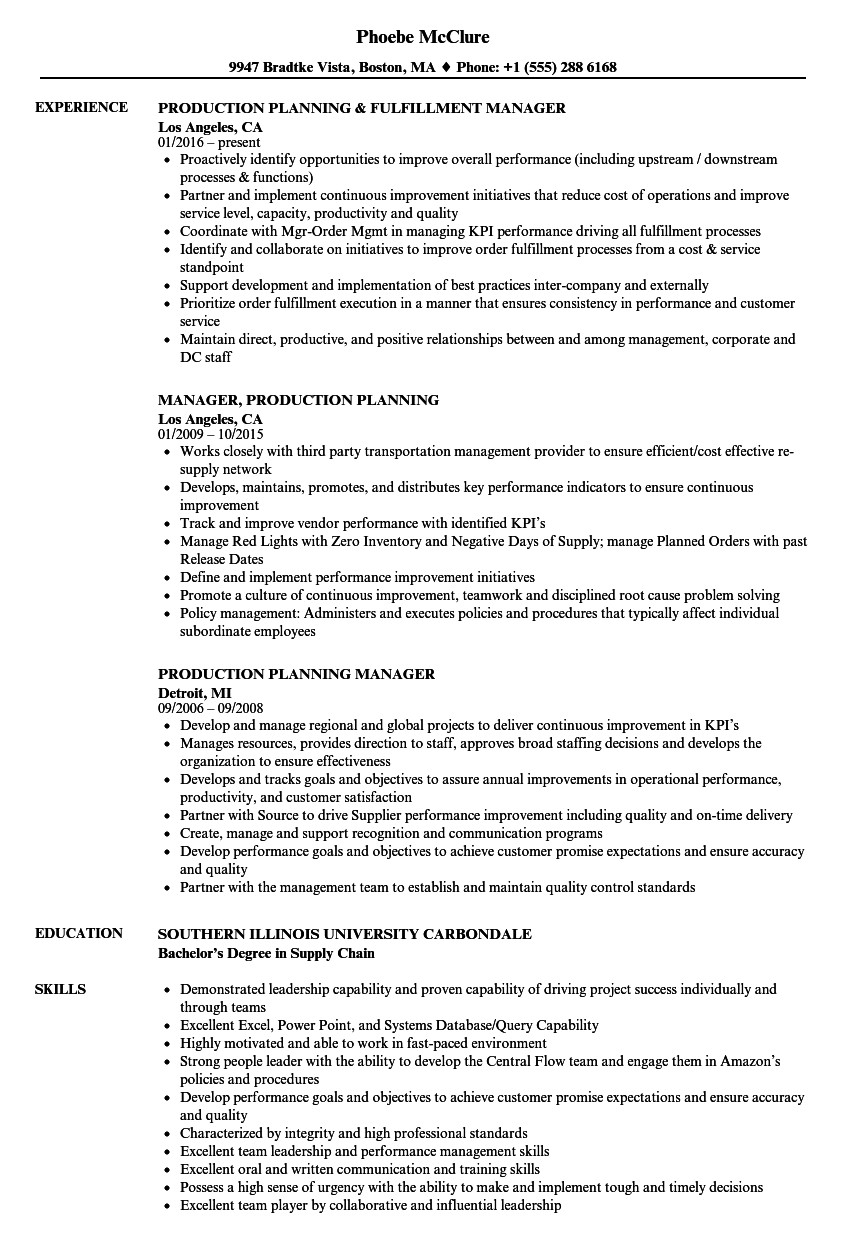 production planning resume sample