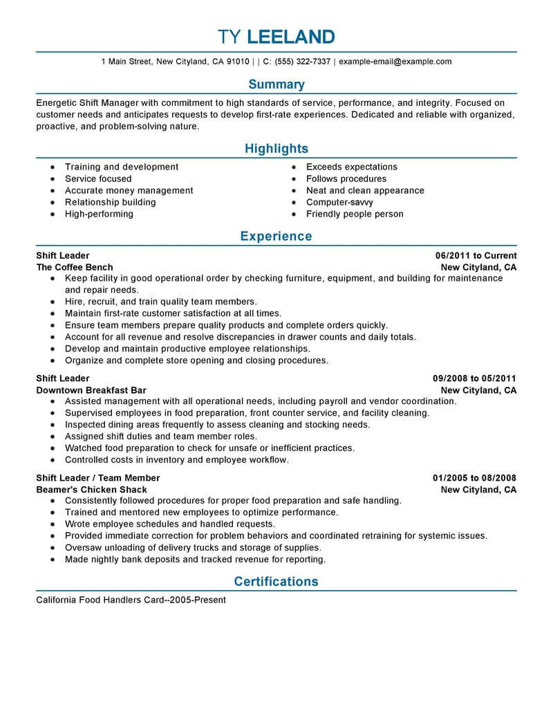 hourly shift manager resume example