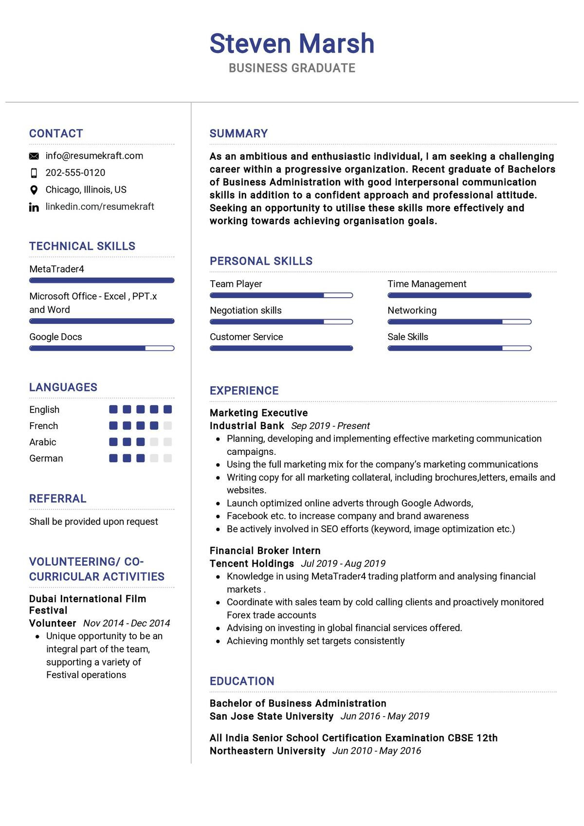 business graduate resume sample