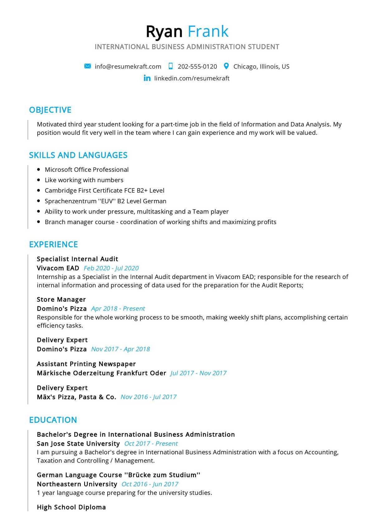 business student resume sample