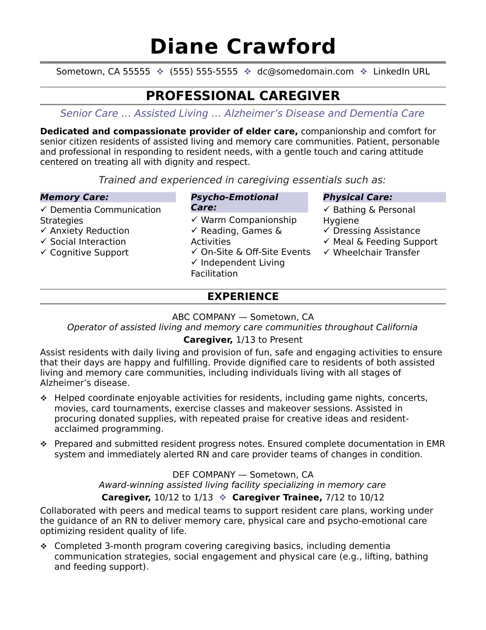 caregiver resume sample