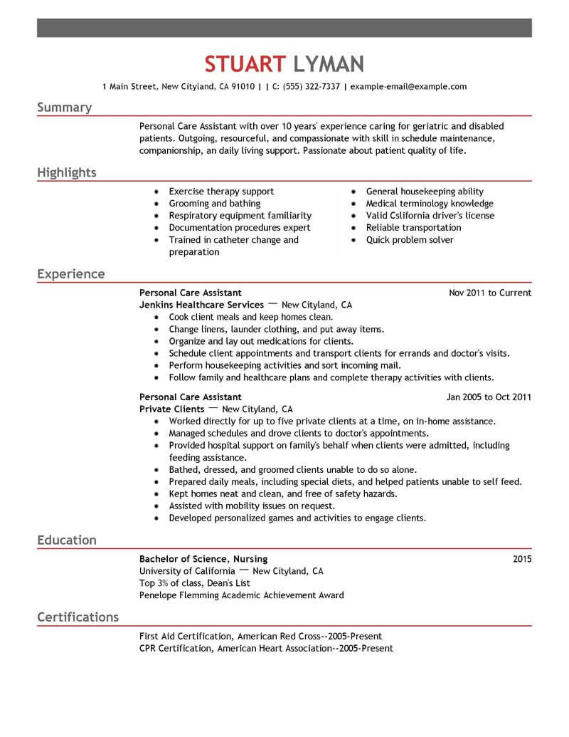 personal care assistant resume example