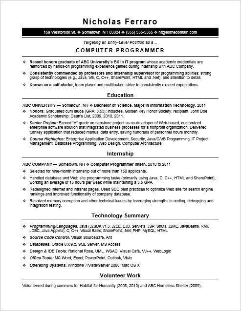 sample resume puter programmer entry level