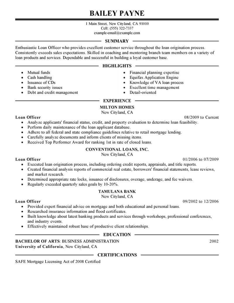 loan officer resume example