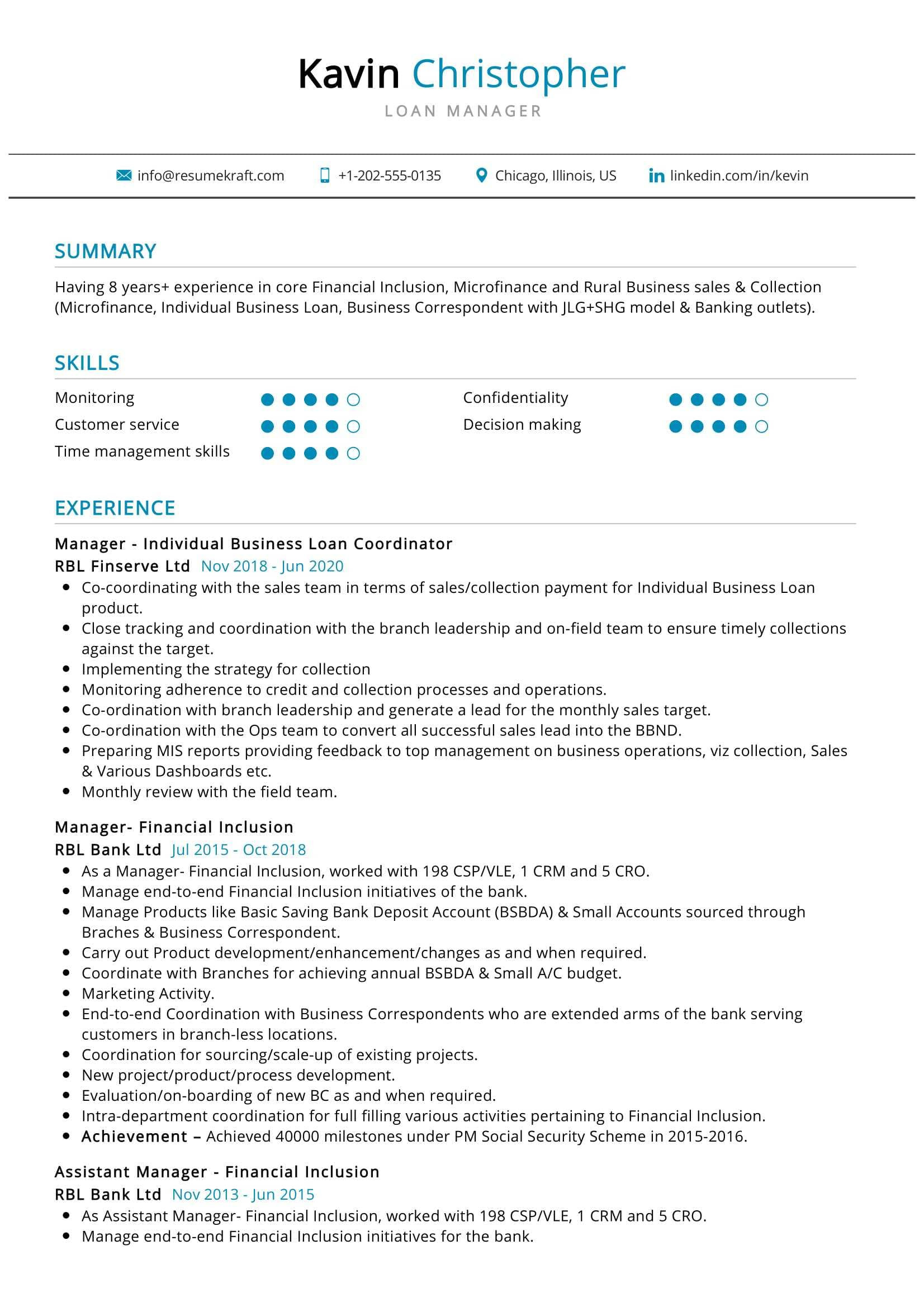 loan manager resume sample