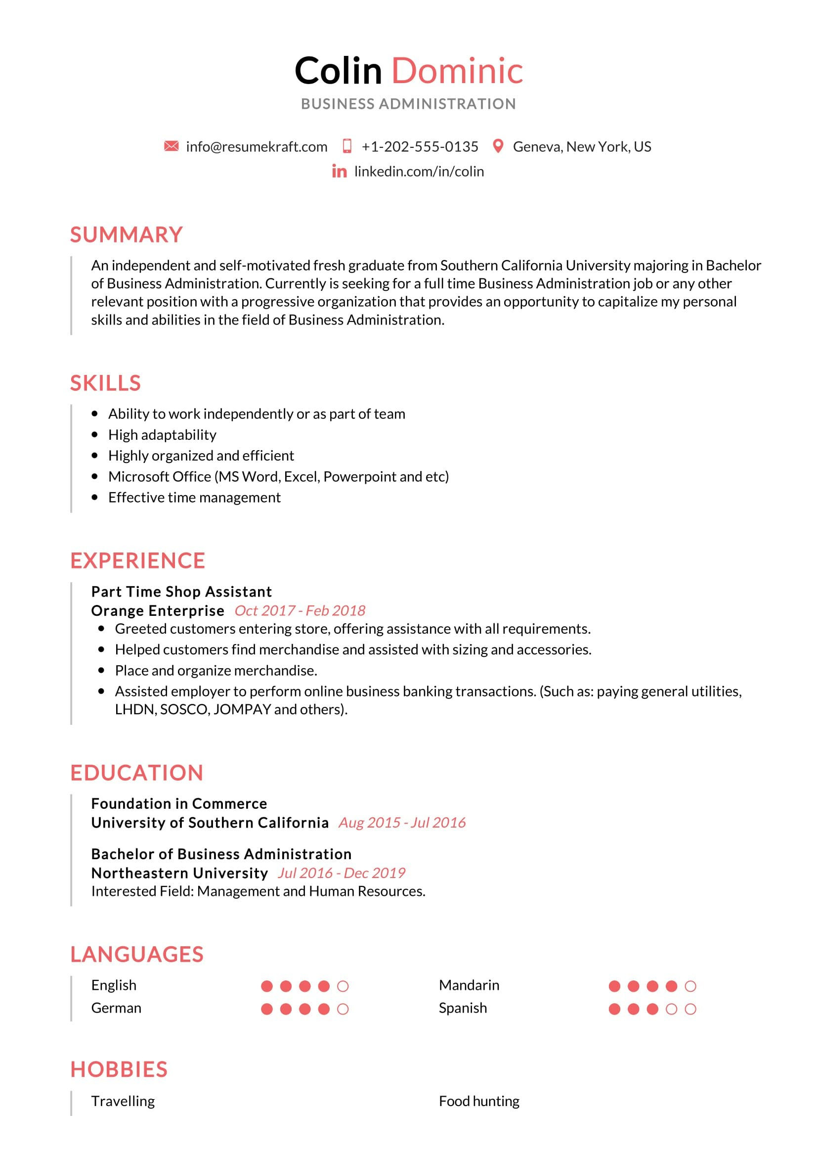 business administration resume sample