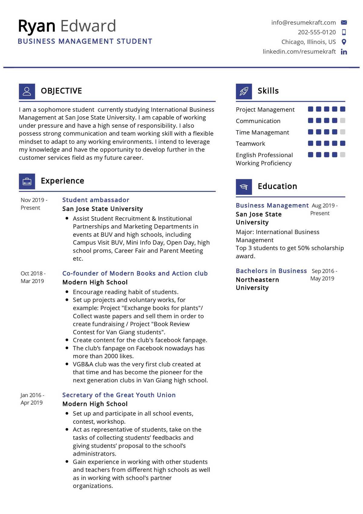 business management student resume example