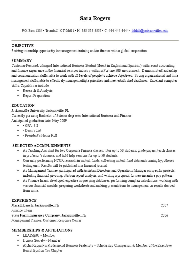 Sample Resume international Business