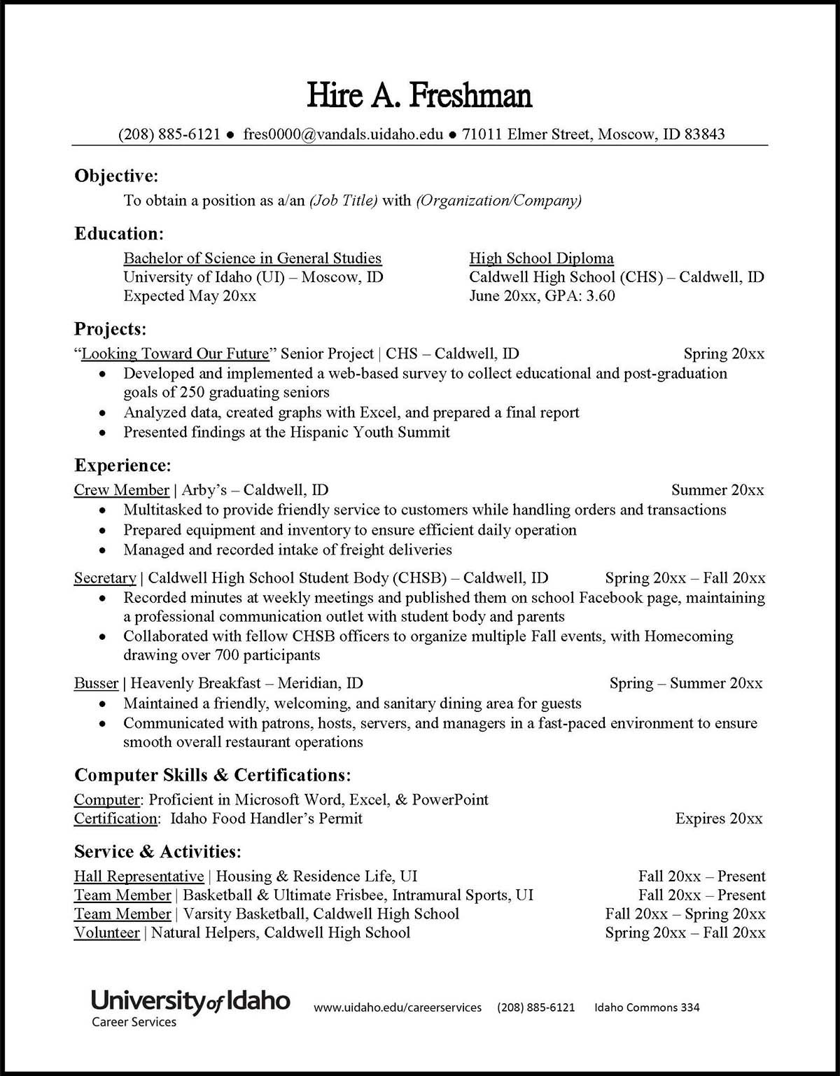 Sample Resume for Co Op Position Resumes and Cvs – Career Services – University Of Idaho