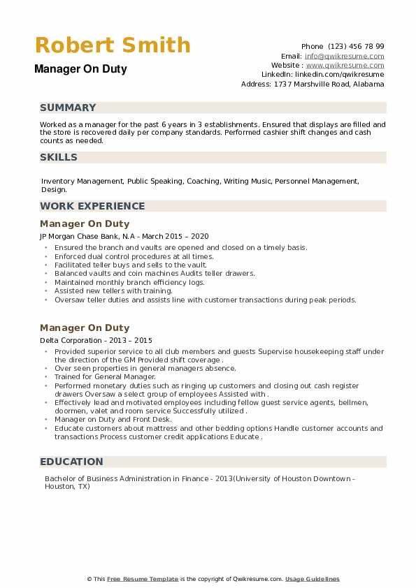 Sample Resume for Duty Manager Position Manager Duty Resume Samples