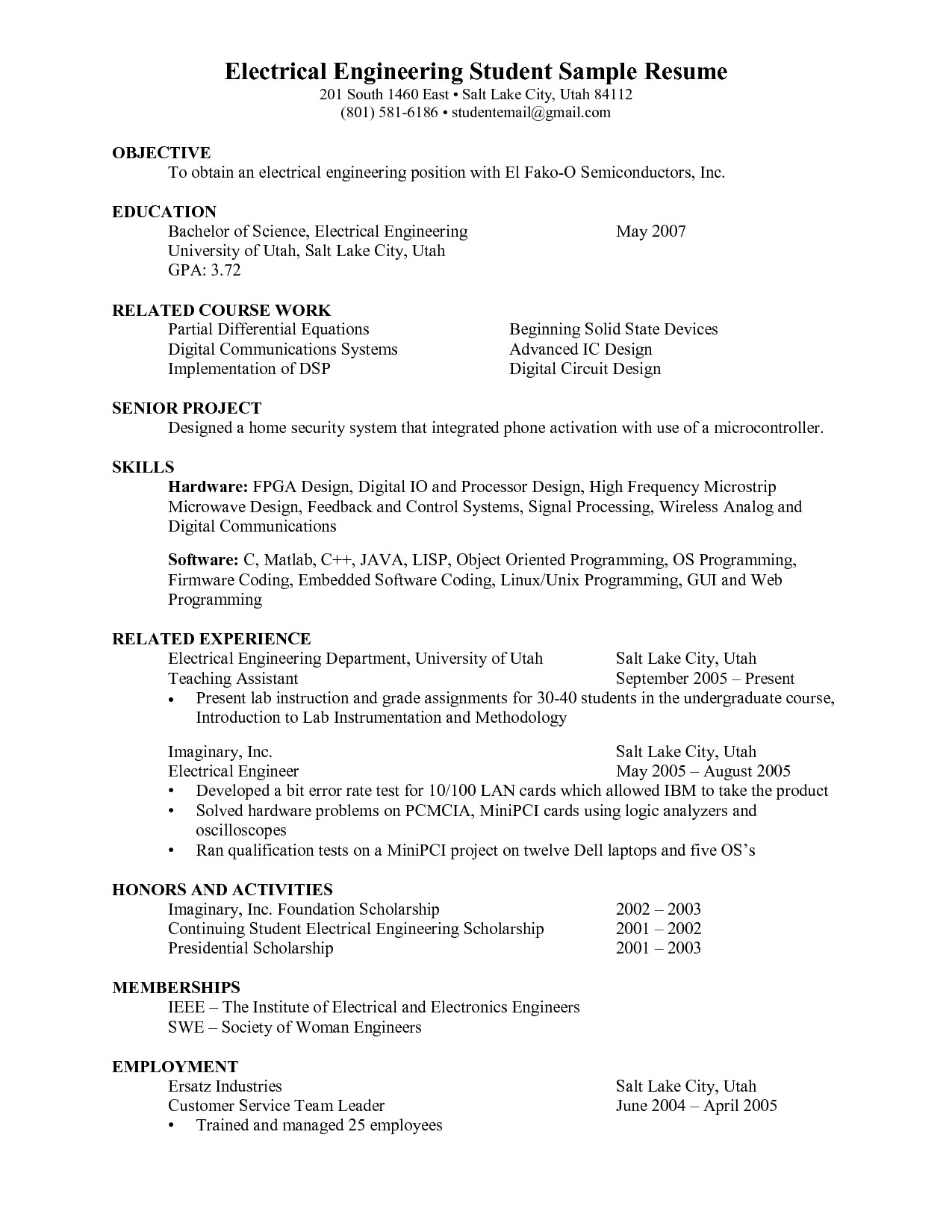 electrical engineering student resume