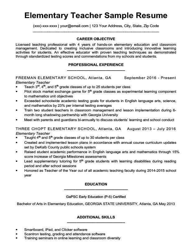 Sample Resume for Elementary Education Teacher Elementary Teacher Resume Sample & Writing Tips