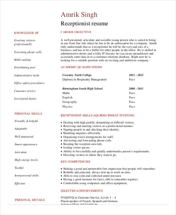 sample medical receptionist resume