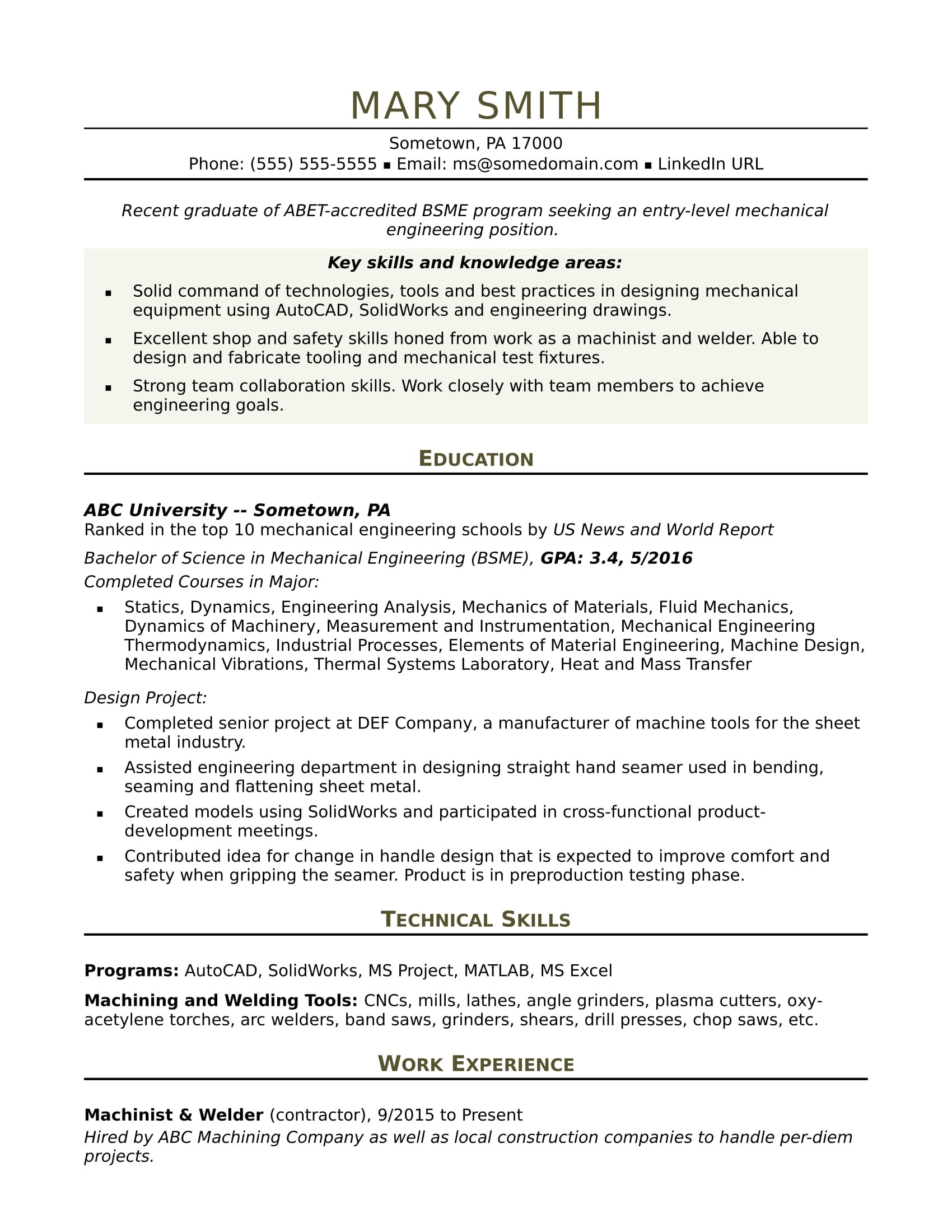 Sample Resume for Entry Level Mechanical Engineer Sample Resume for An Entry Level Mechanical Engineer