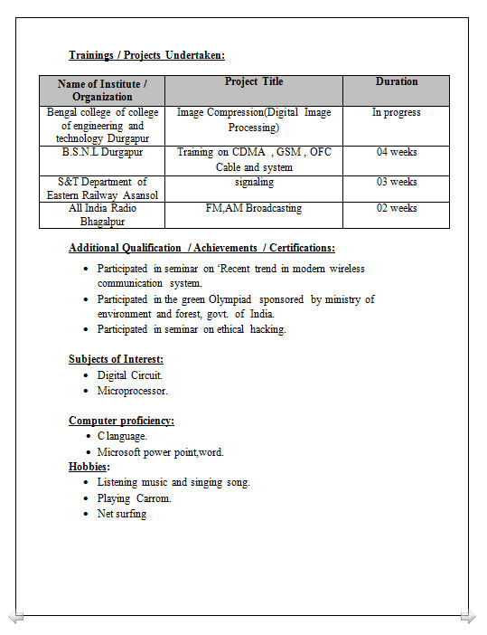 btech resume format for freshers