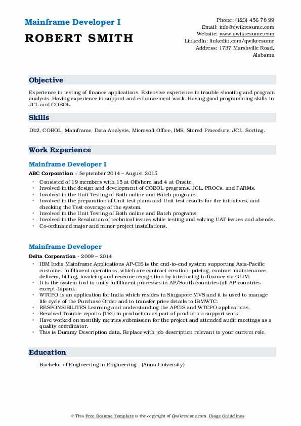 sample resume for 2 years experienced mainframe developer