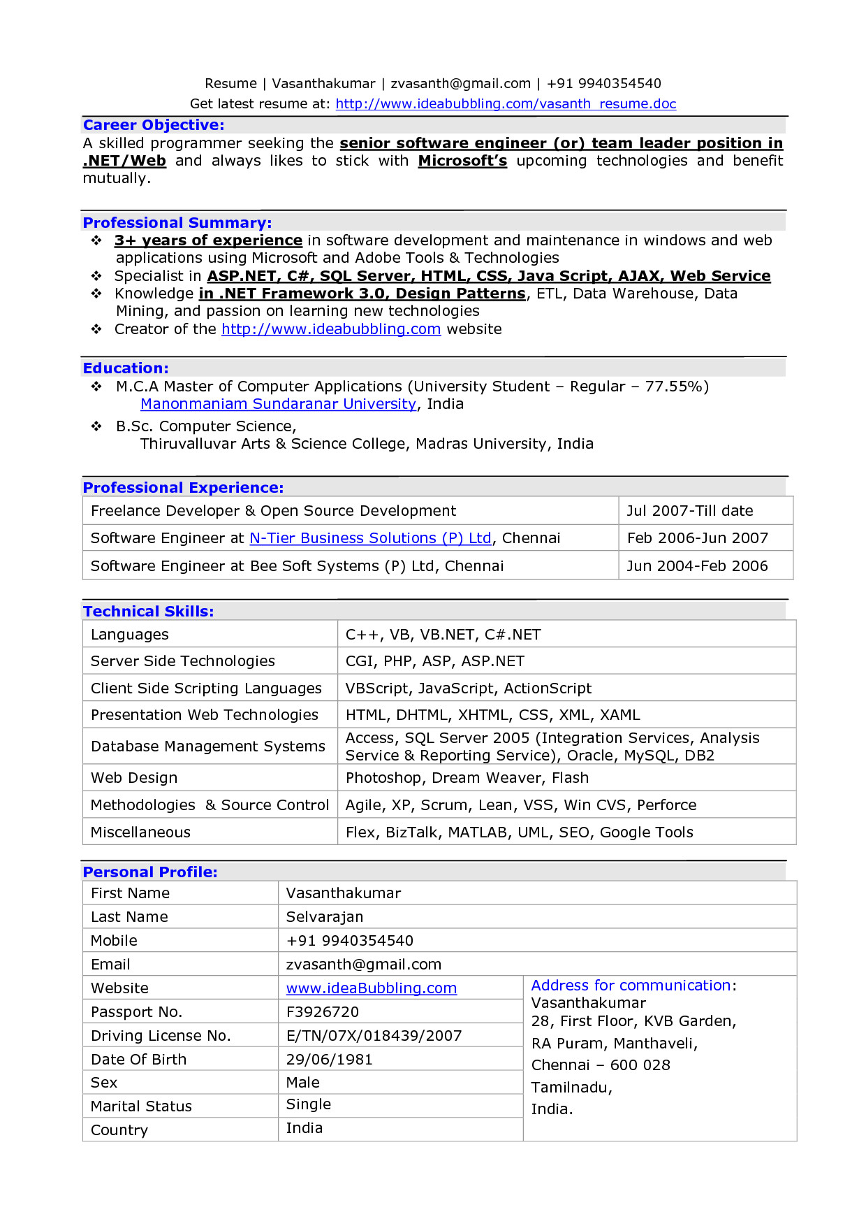 resume format for experienced software