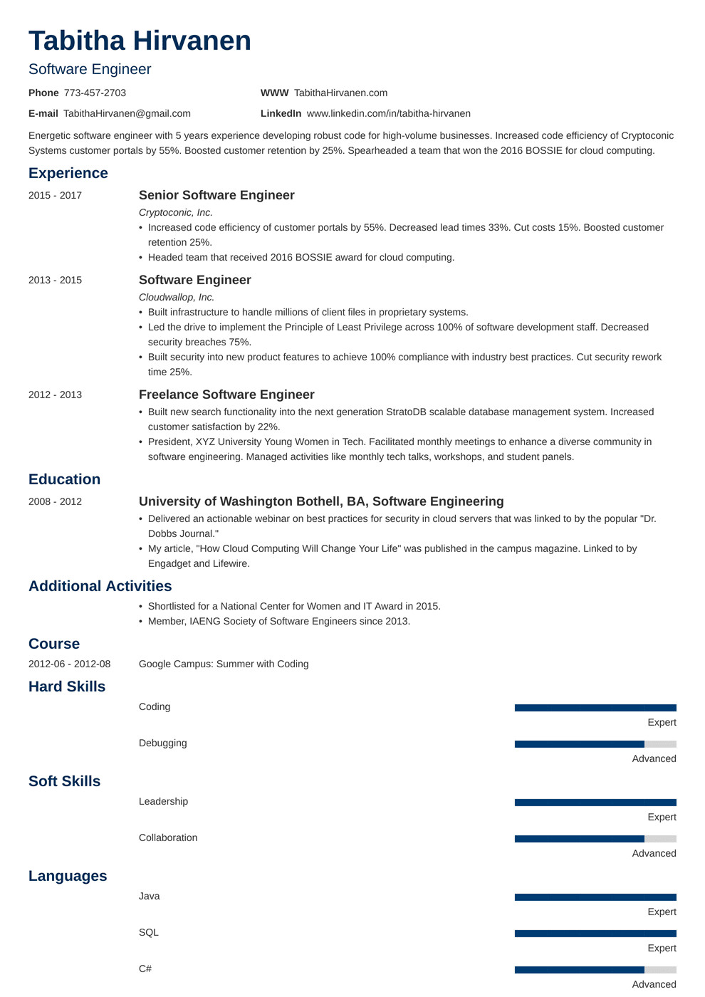 sample one page resume for experienced software engineer