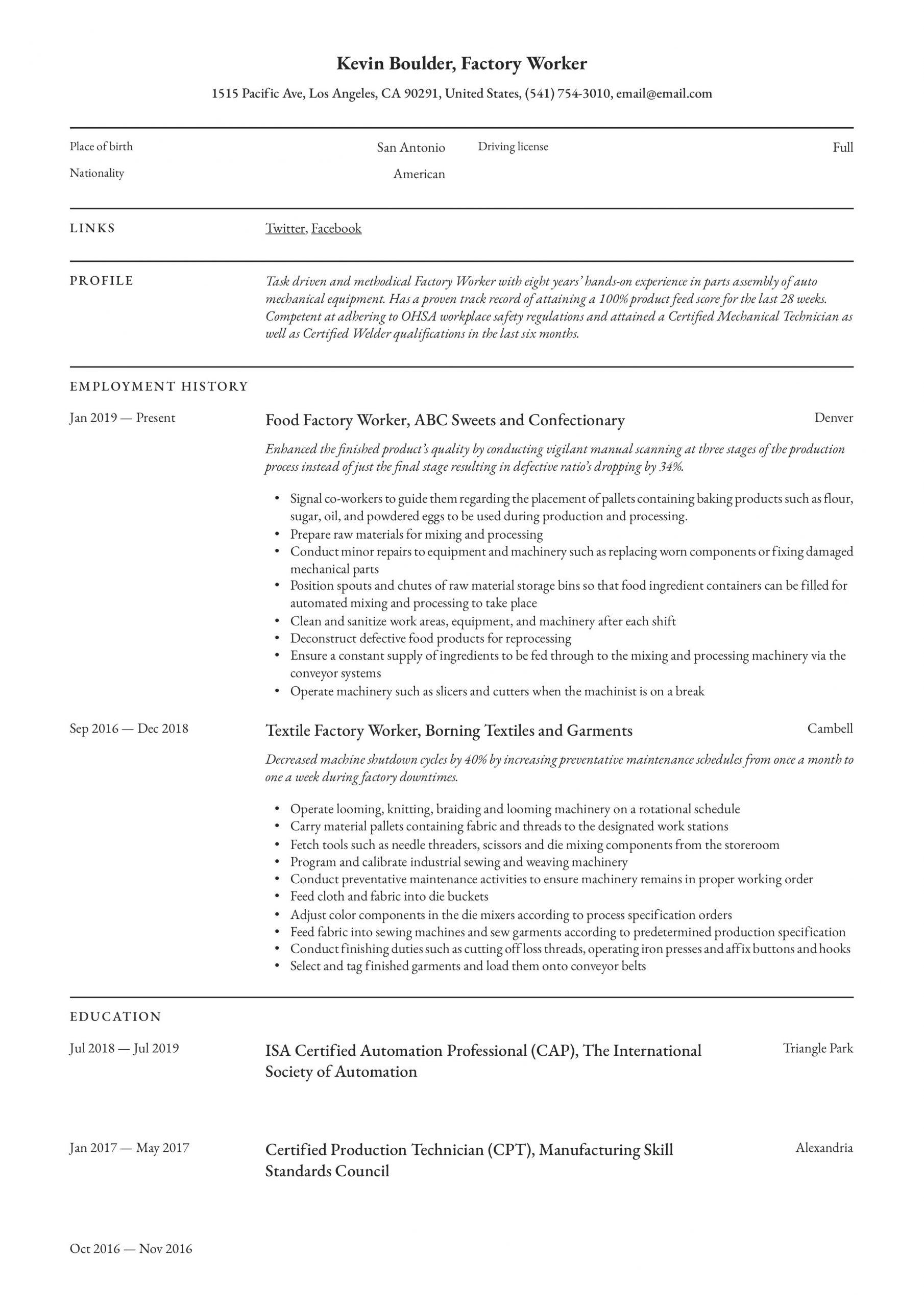 Sample Resume for Factory Worker Position Factory Worker Resume & Writing Guide