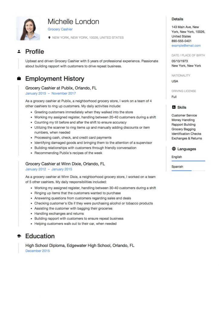 sample resume for grocery store bagger