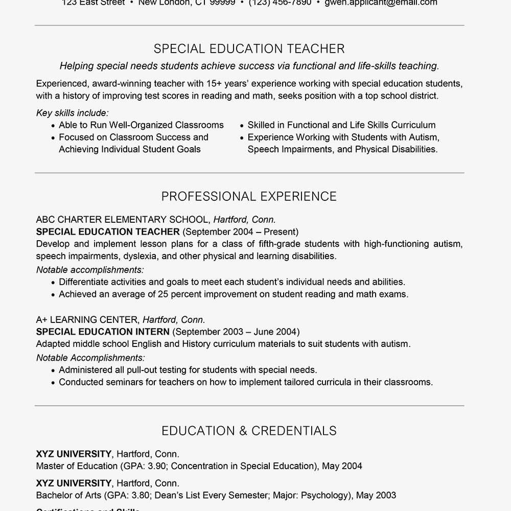 resume sample for teacher applicant