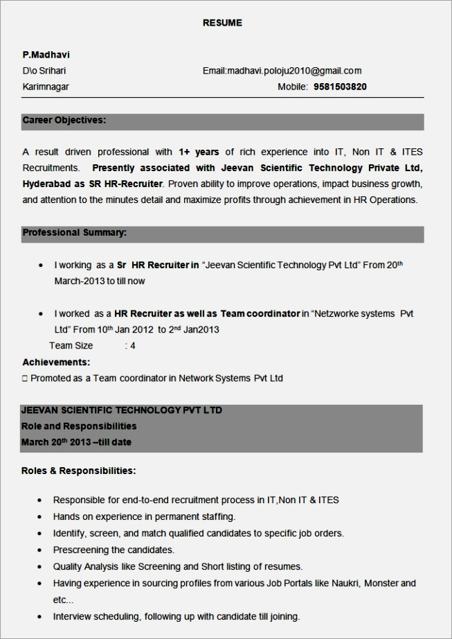 resume format for bpo non voice