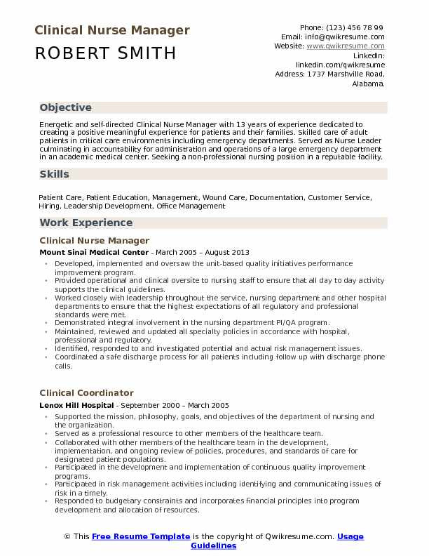 resume for nurse manager