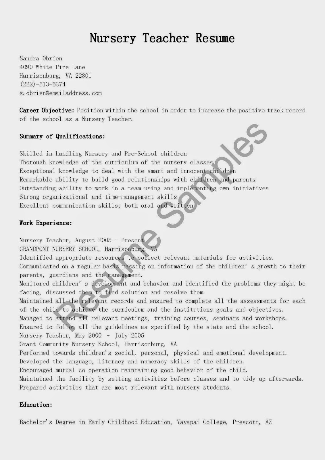 nursery teacher resume sample