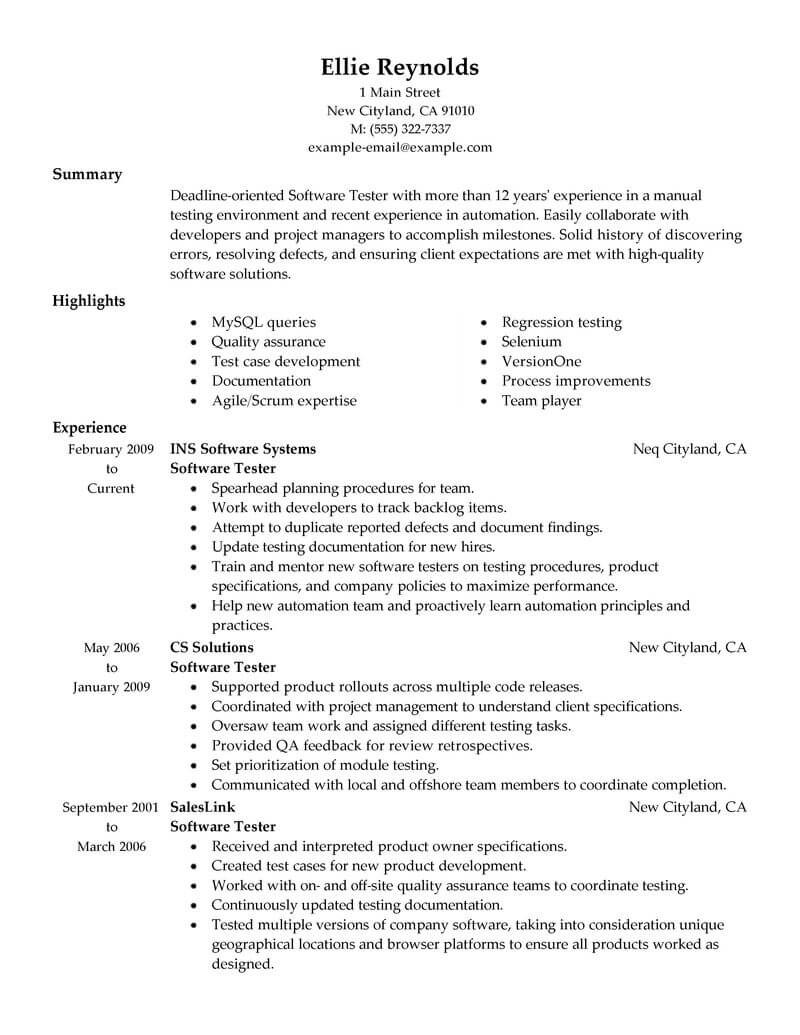 resume example 1 year experience