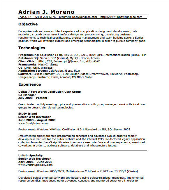 resume example 1 year experience