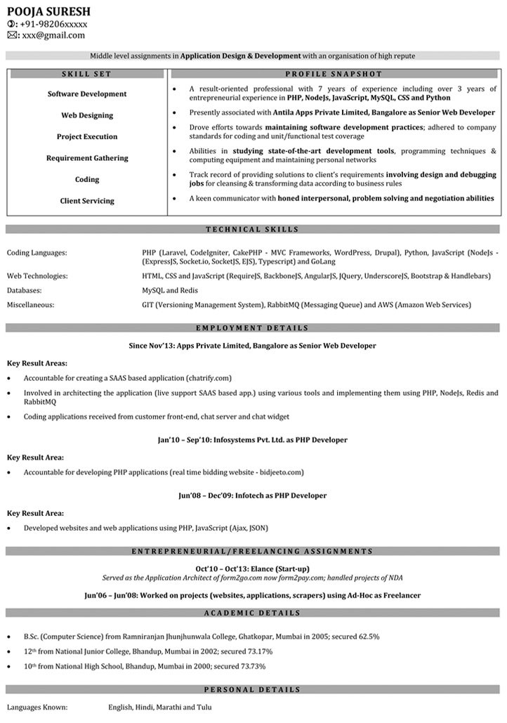 resume example 1 year experience